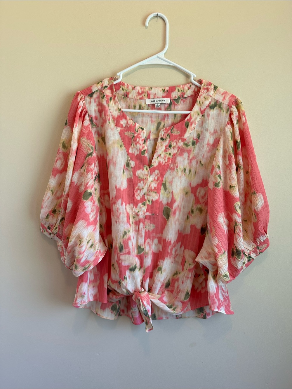 Rose + Olive Womans L Floral Tie Front Blouse Lightweight Sheer Balloon Sleeves
